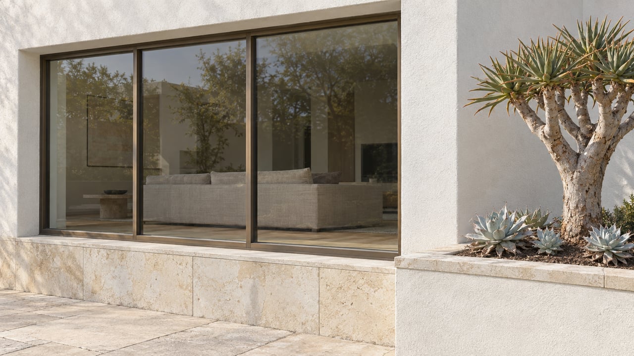 White stucco home with a recessed bronze-framed living-room window, limestone paving and a sculptural aloe in a raised planting bed.