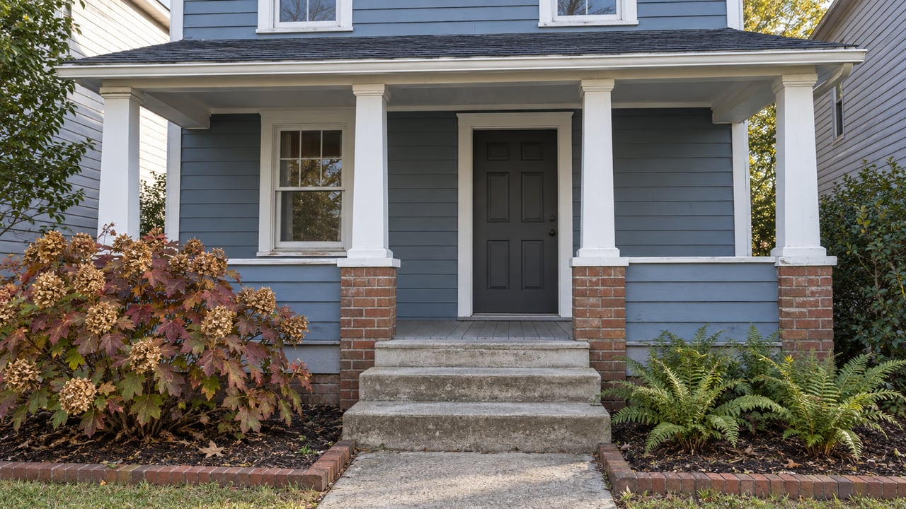 Blue clapboard home with a sheltered porch, white trim, weathered concrete steps and autumn oakleaf hydrangea.