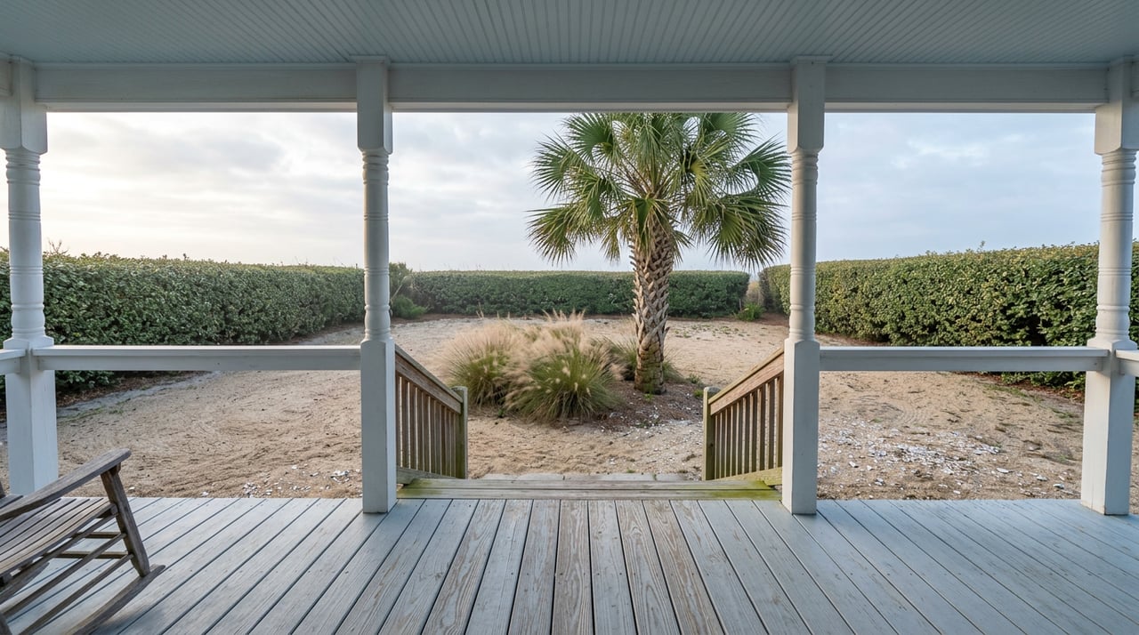 Elevated coastal cottage porch overlooks wooden stairs, a palm and grasses in a shell-and-sand yard.