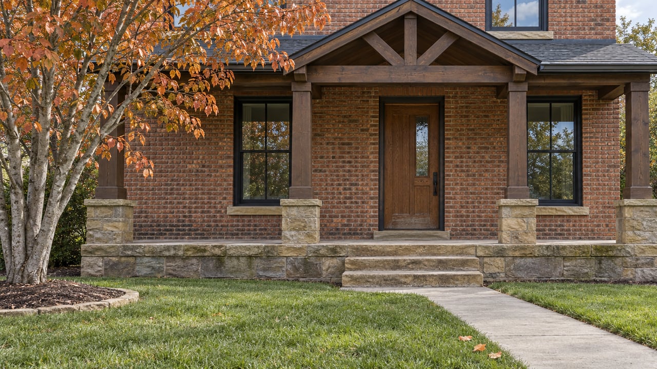 Brick home with a timber-gabled porch, sandstone steps and an orange-leaved serviceberry beside the front lawn.