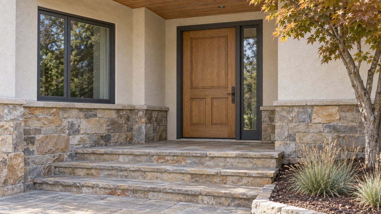Covered home entrance with a wood door, sandstone steps, cream stucco and copper-gold maple leaves.