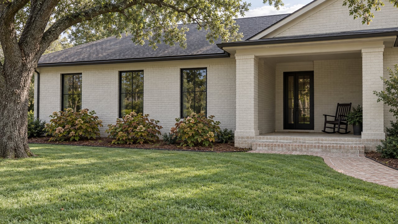 Ivory painted-brick home with a deep porch, black-framed windows, broad lawn and mature spreading oak.