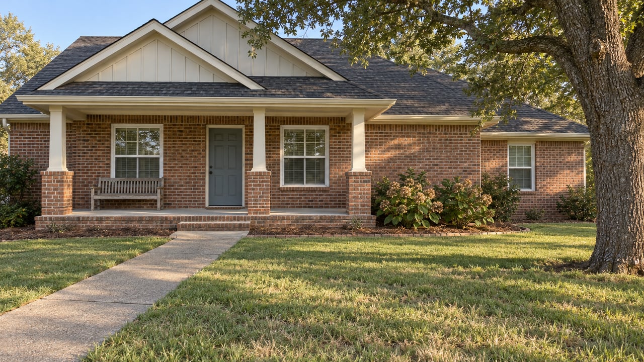 Warm afternoon light on a single-story brick home with an ivory porch, broad lawn, and mature live oak.