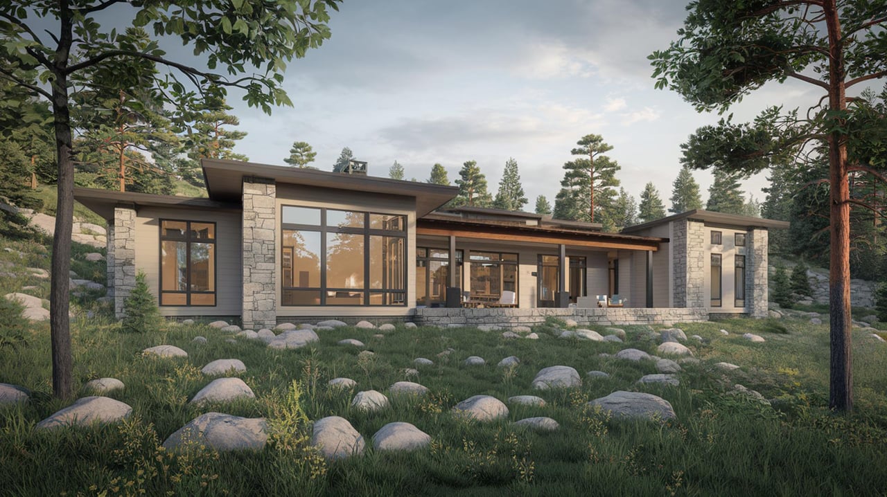 Modern single-story stone-and-glass house among pine trees, with a rocky, grassy foreground.