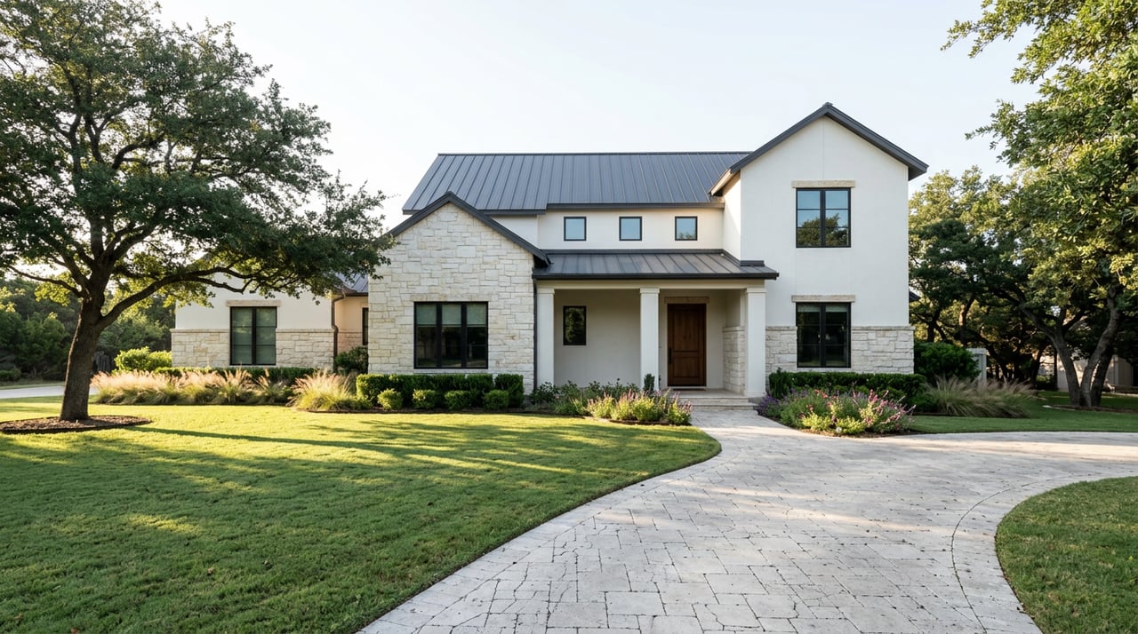 Two-story limestone and stucco Hill Country home with a charcoal gabled roof, curved paver driveway, and mature oak.