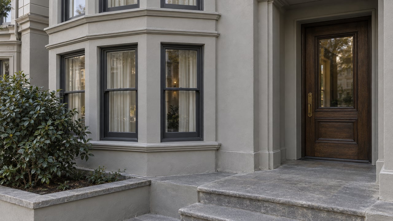 Gray stucco residence with charcoal bay windows, a recessed oak entry door, limestone steps and a camellia in a raised masonry bed.