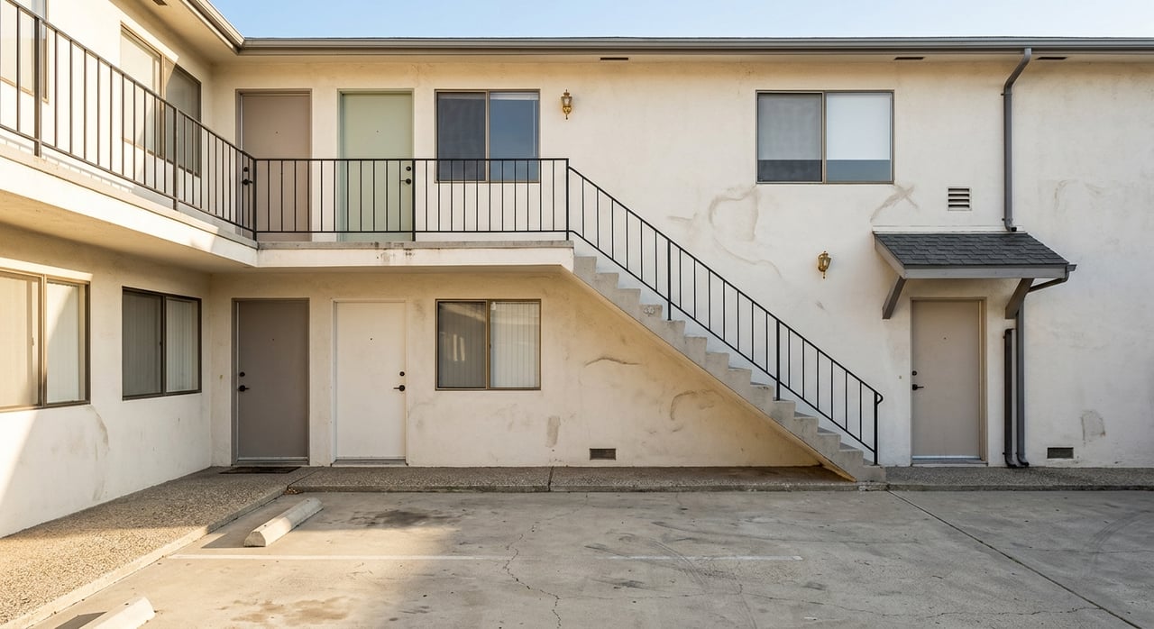 Two-story stucco apartment facade with exterior stairs, four doors, olive trees, and a concrete courtyard.
