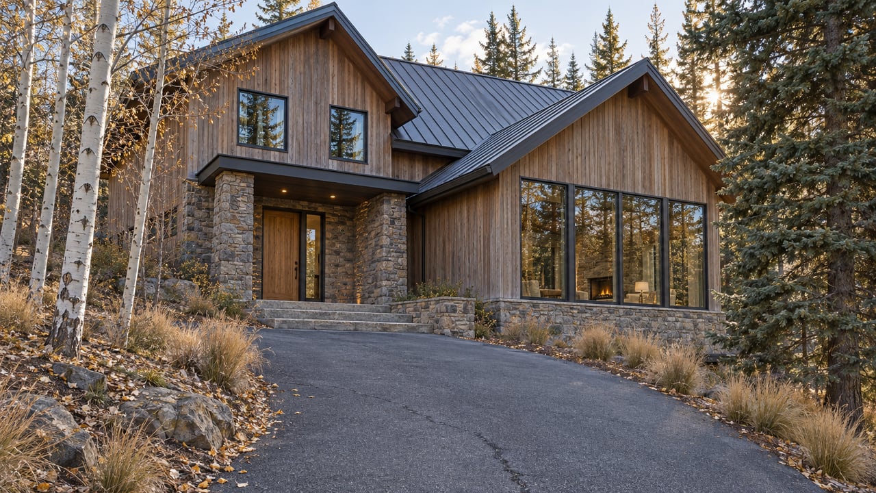 Cedar-and-stone home beneath dark gabled roofs, approached by a rising driveway between spruce trees and nearly bare aspens.