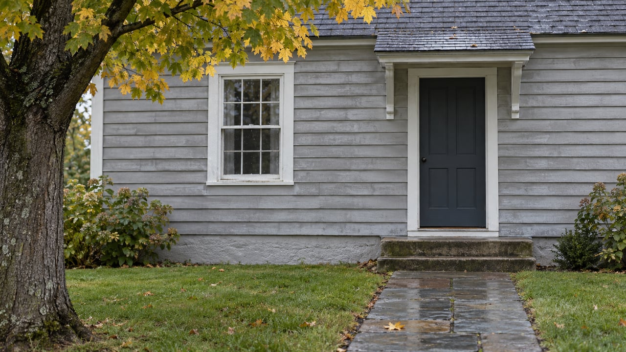 Weathered gray Cape Cod house with a white window, entry hood, stone walk, and yellowing tree.