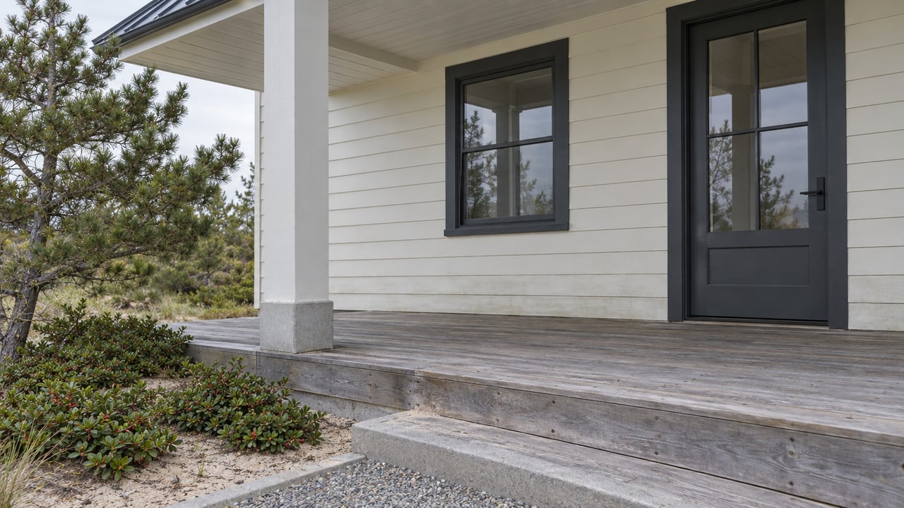 Close view of a weathered cedar porch, pale horizontal siding and closed dark-framed glass entry, beside a shore pine and low bearberry planting.