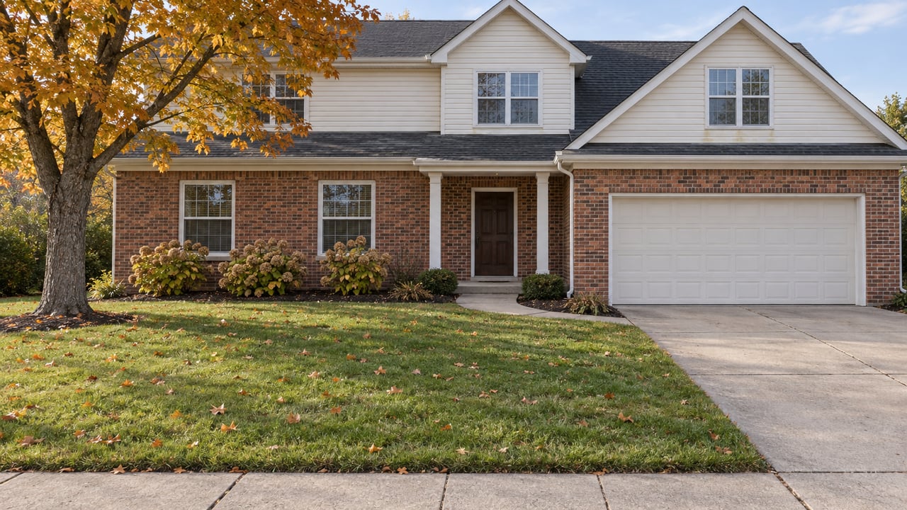Brick-and-ivory two-story home behind a broad autumn lawn, with an amber sugar maple and a curved concrete front walk.