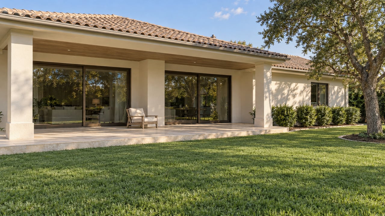 Warm-white stucco home with a sand-colored tile roof and glazed doors facing a limestone terrace and deep green lawn beneath a spreading live oak.