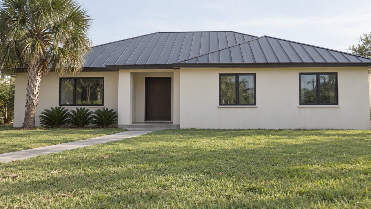 Cream stucco home with a low metal roof, recessed timber door, dark-framed windows, lawn, and a palm.