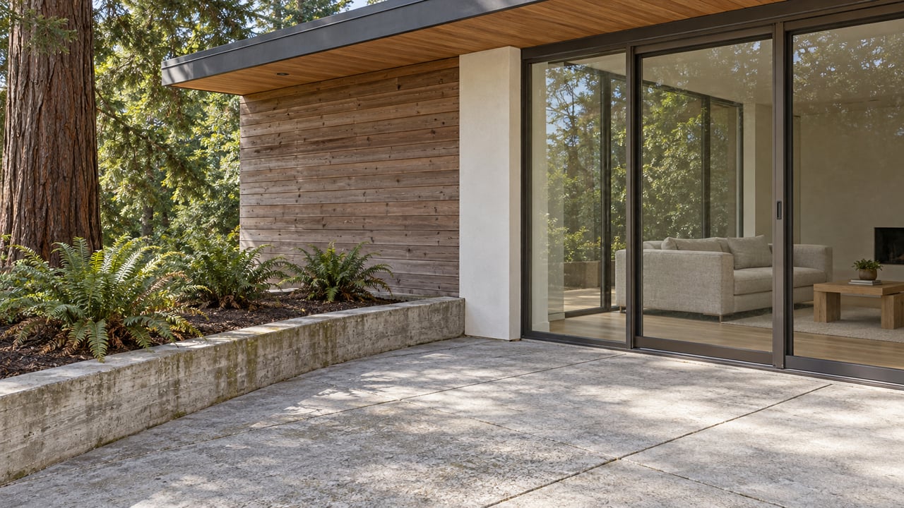 Cedar-clad home with full-height glass doors opening visually onto a brushed-concrete terrace beside a raised fern planter and mature redwood trunk.