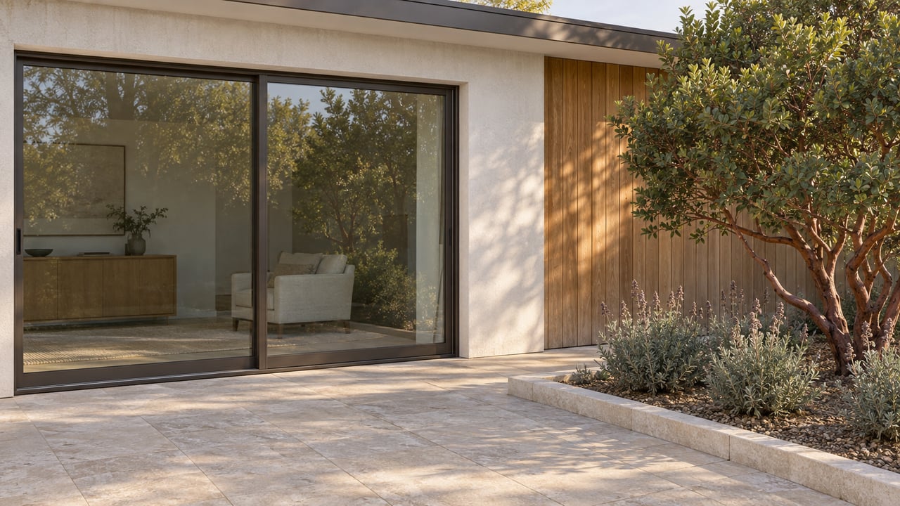 Morning sunlight on a cream-stucco home's glazed terrace, with warm wood cladding, limestone paving and a sculptural manzanita.