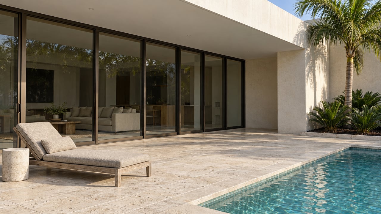 A shaded limestone terrace beside a glazed white home, with a teak lounge chair, blue pool corner and specimen palm.