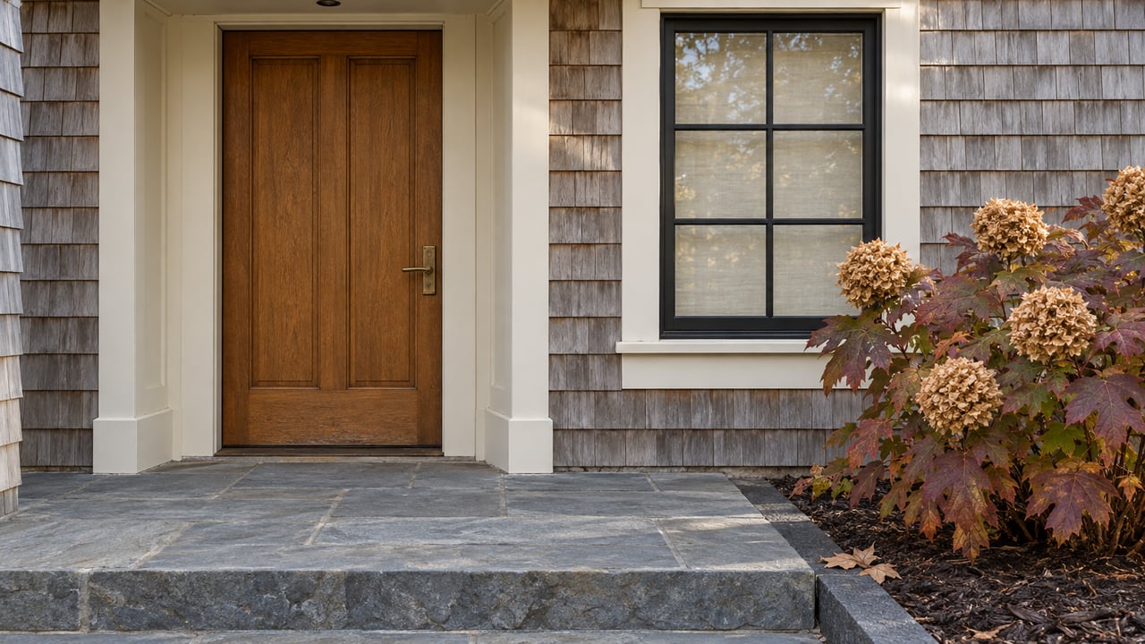 An oak entry door and black-framed window beside silvered cedar shingles, a bluestone landing and autumn oakleaf hydrangea.