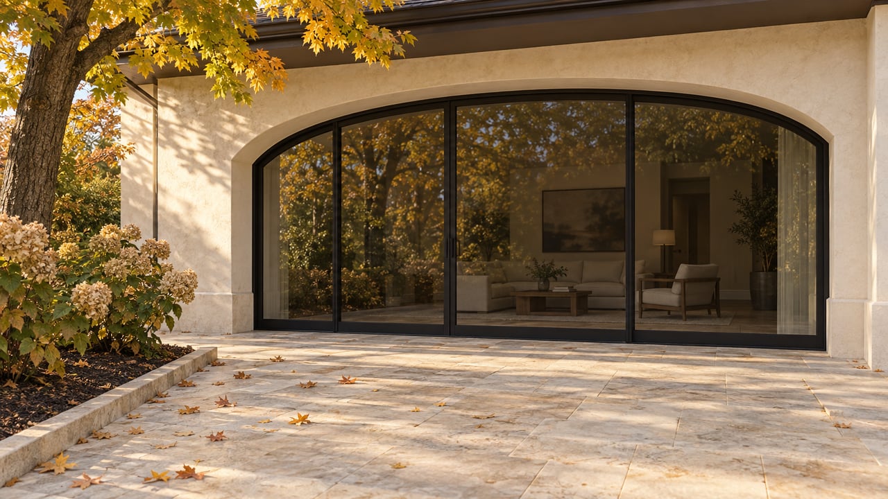 Autumn leaves dot a limestone terrace before an arched stucco wall with closed black-framed glass doors.