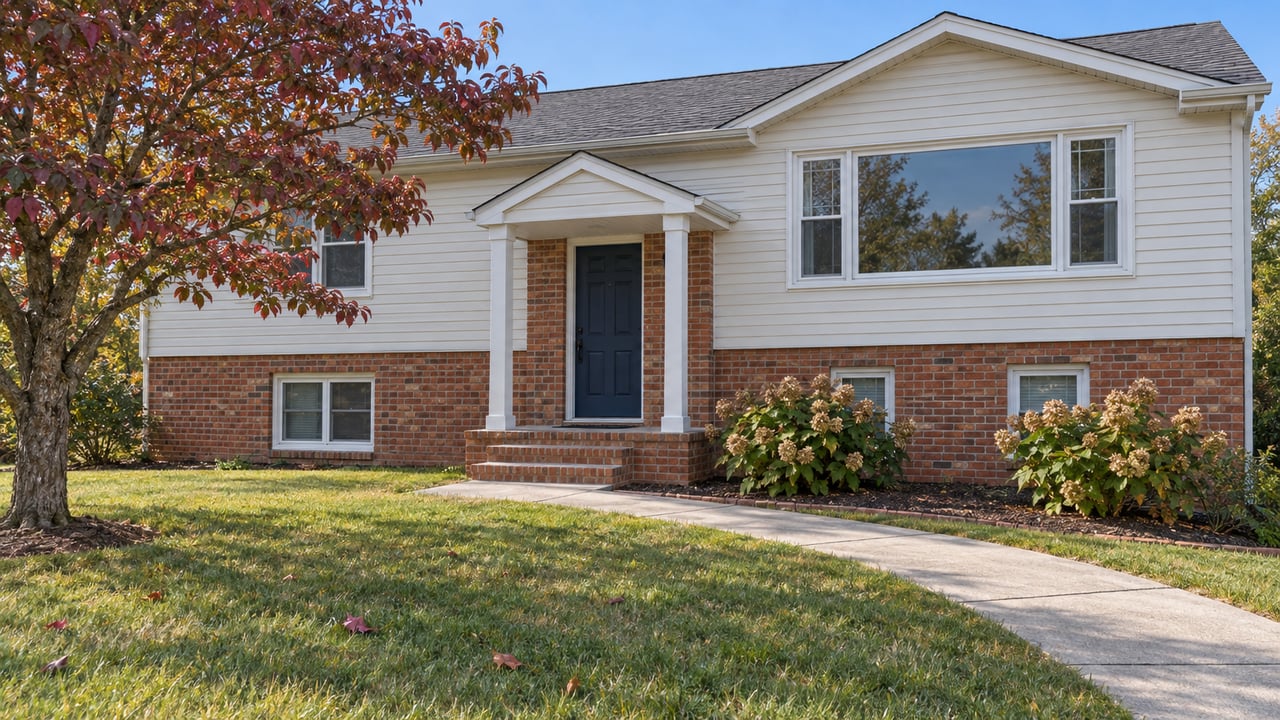 A brick and ivory-sided split-level home with a navy entry door, deep front lawn and an autumn-touched flowering dogwood.