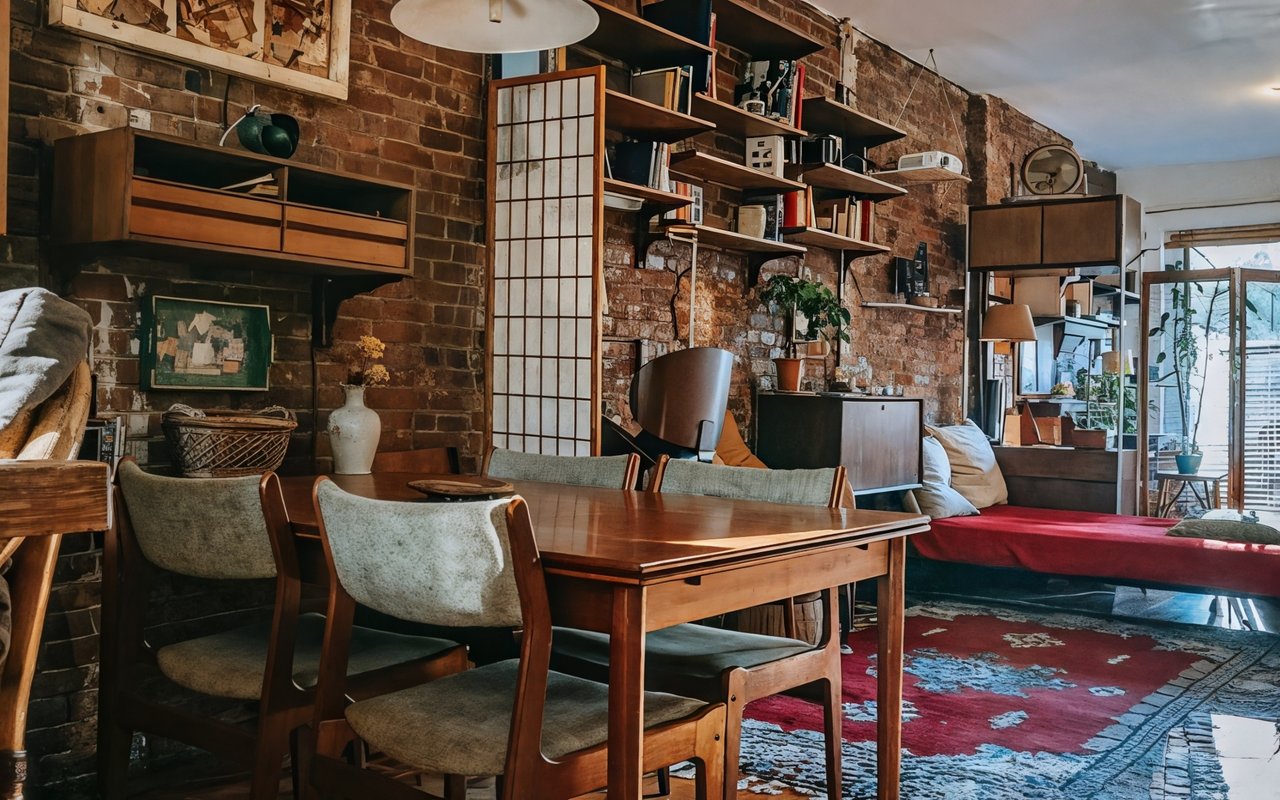 Eclectic dining room with a wooden table, mismatched chairs, exposed brick walls, and a red patterned rug.