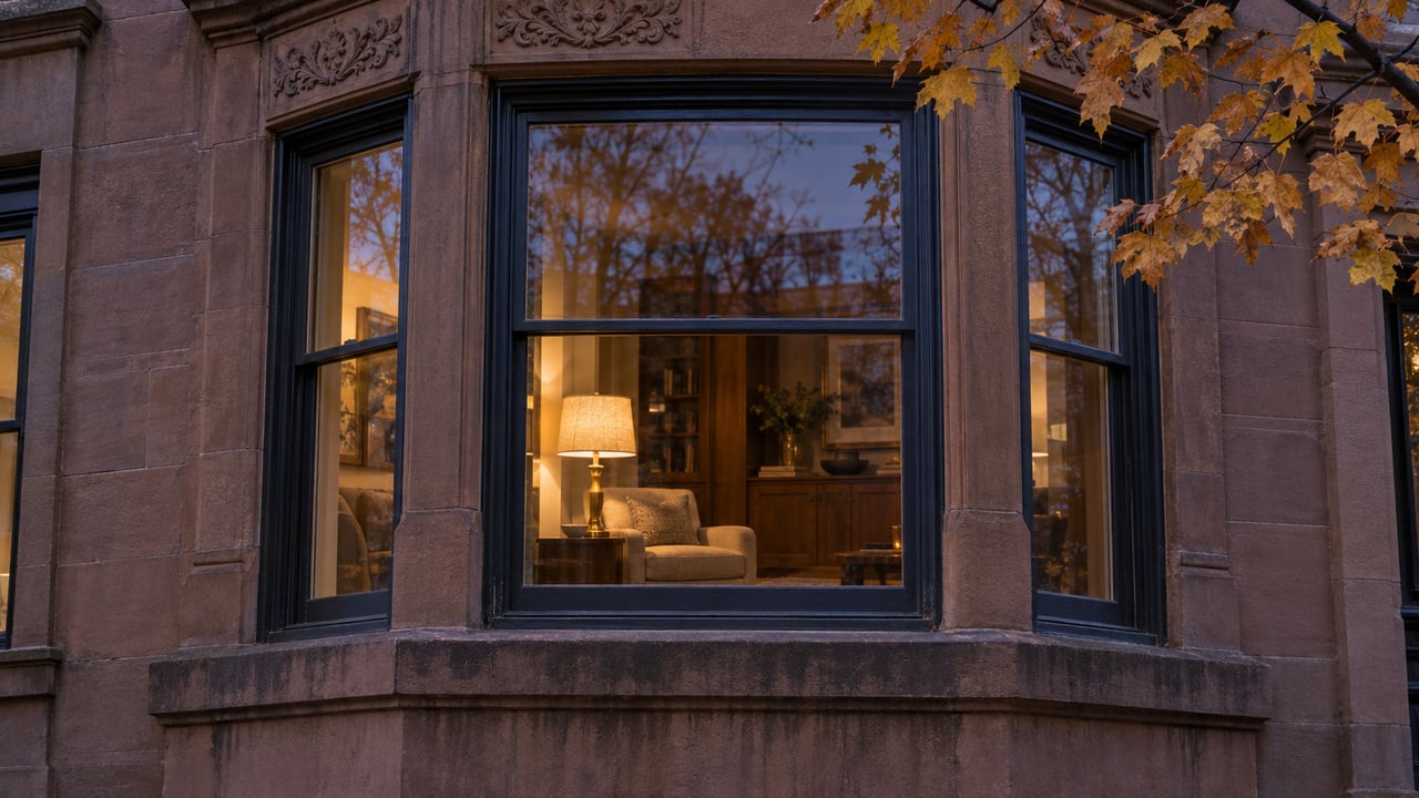 A weathered brownstone bay window at dusk reveals a warmly lit living room behind closed glass, with ochre sugar maple leaves overhead.