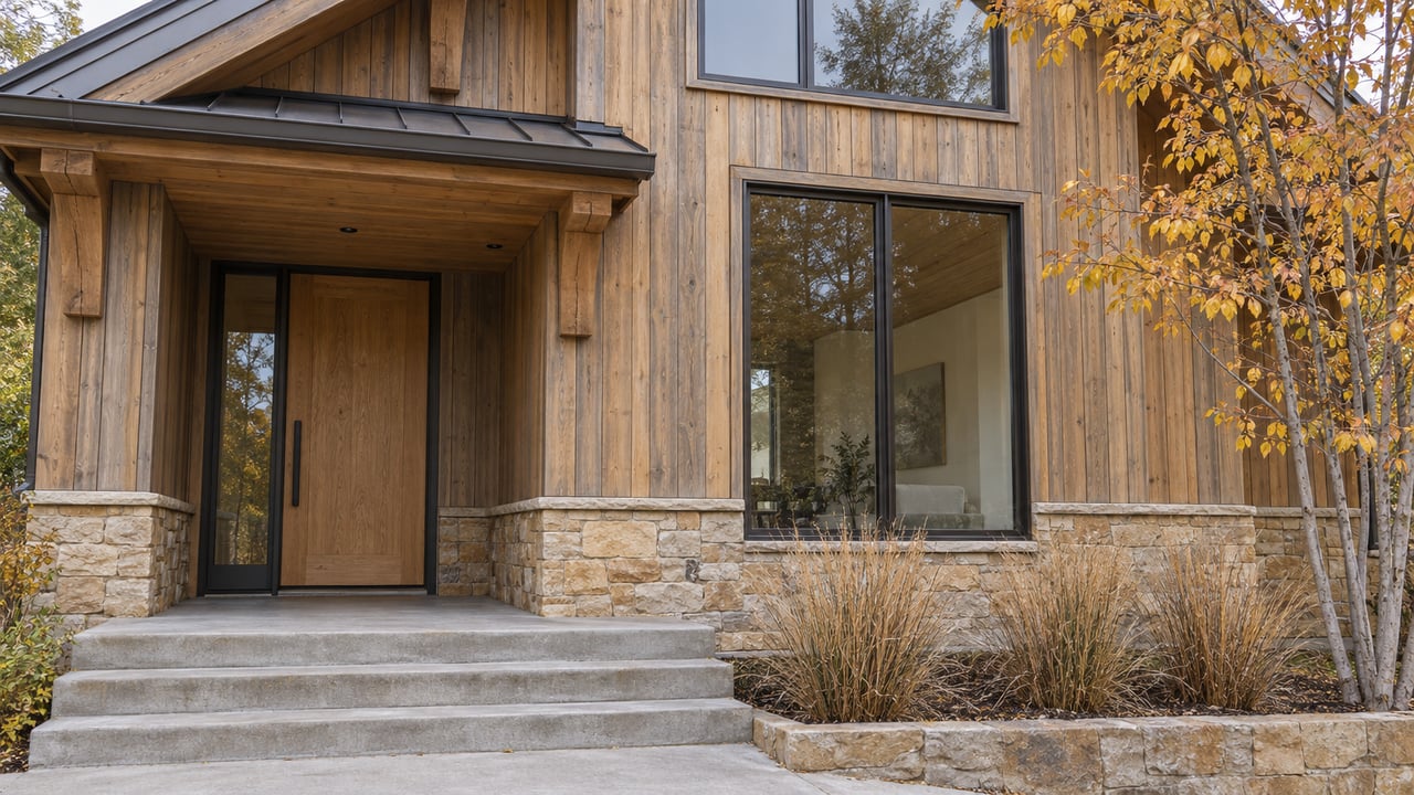 Cedar-clad home entry with sandstone base, sheltered oak door, bronze-framed windows, and autumn serviceberry beside concrete steps.