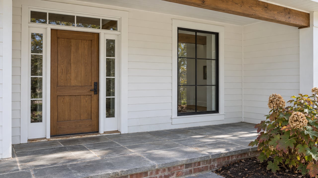 Covered home entry with an oak door, white siding, black-framed window and a bluestone landing beside an oakleaf hydrangea.
