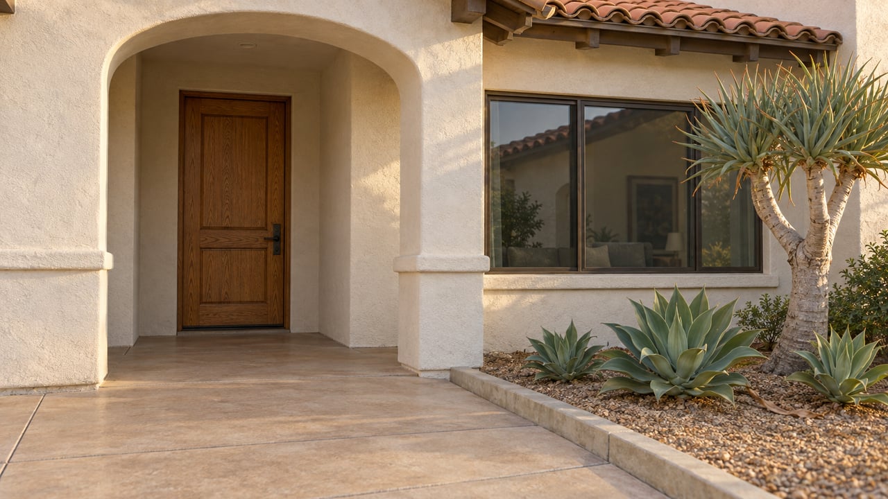 Cream stucco home with an arched oak entrance, terracotta roof tiles, and sculptural aloe and agave beside a warm concrete approach.