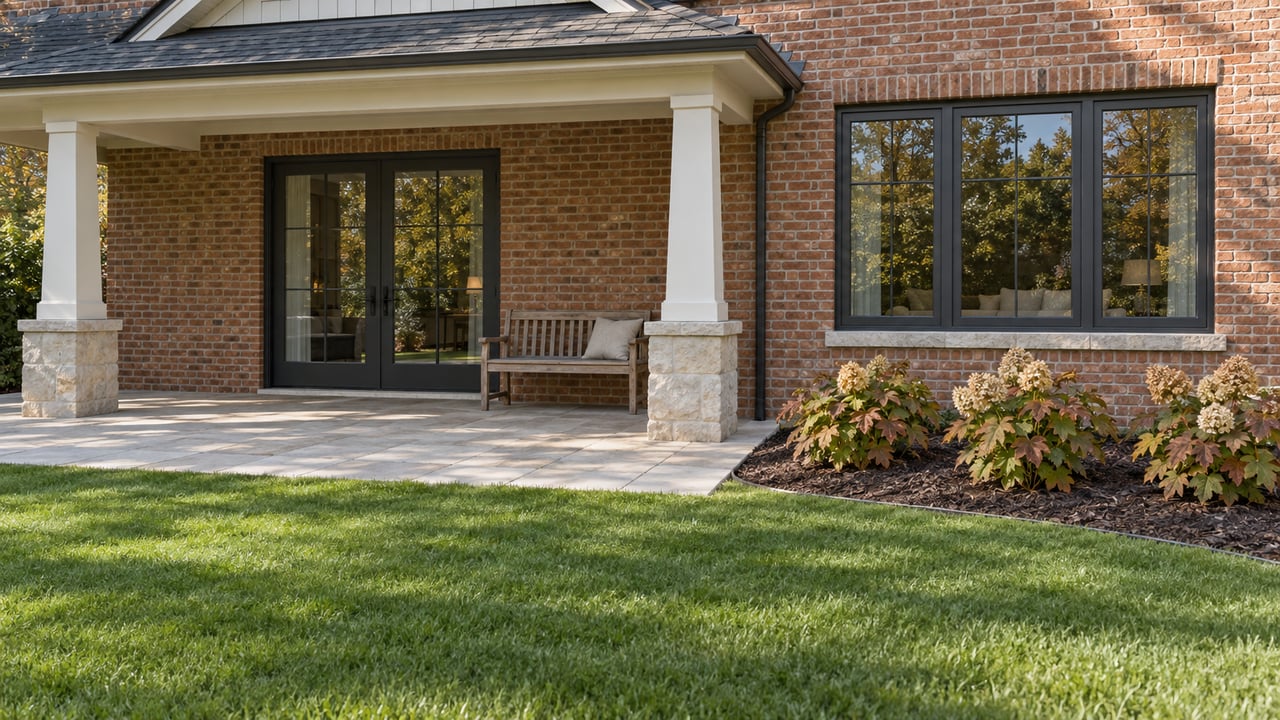 Brick home with a gabled covered porch, limestone terrace, teak bench and an autumn oakleaf hydrangea bed beside a deep green lawn.