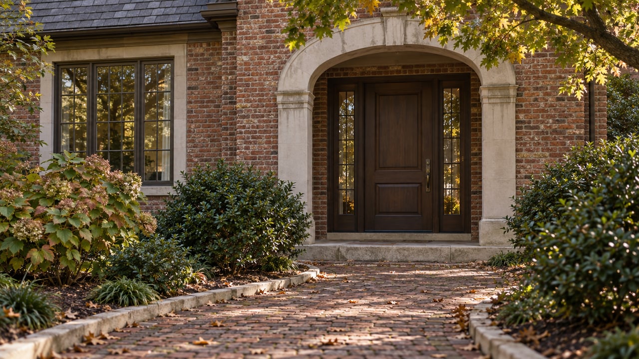 Recessed oak door beneath a limestone arch, flanked by glazed sidelights and brickwork under oak leaves.