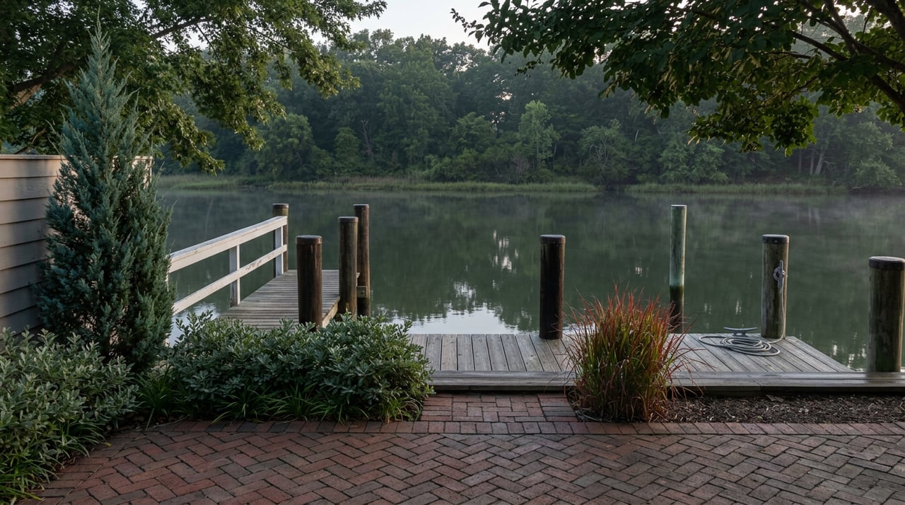 Private wooden dock with white rail, coiled rope, brick patio, and still water reflecting a tree line.