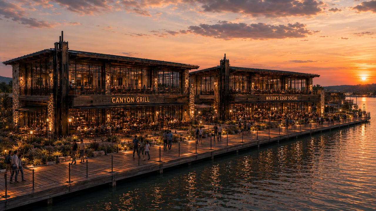 Waterfront restaurants and a busy wooden boardwalk glow beside the water at sunset.