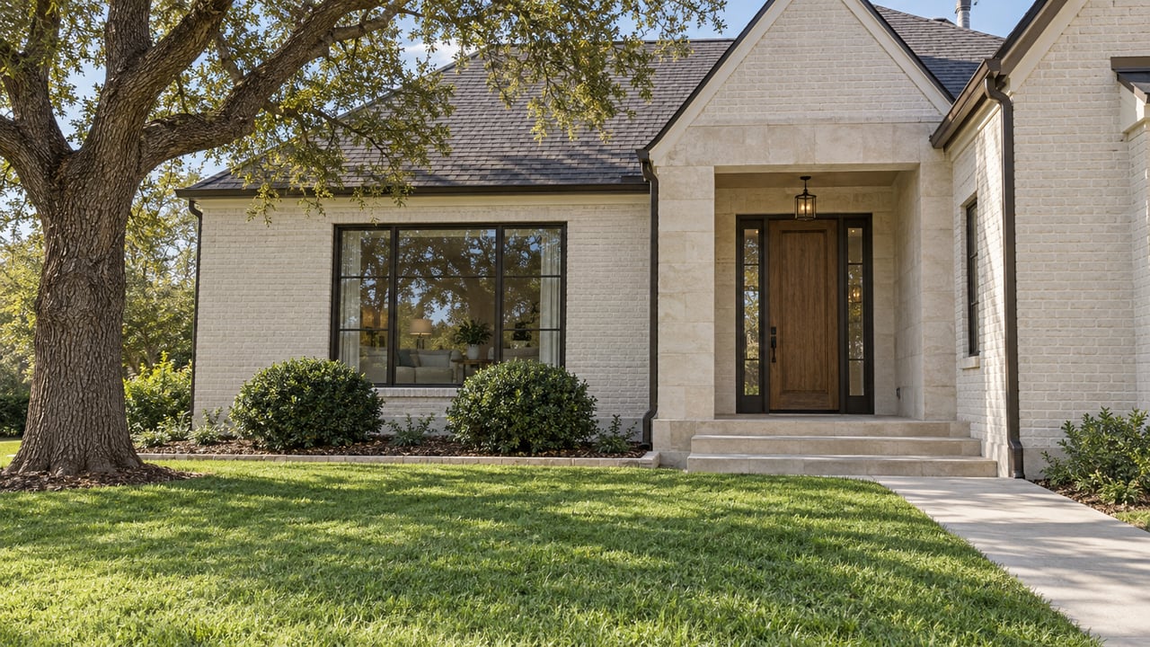 Light brick home with a limestone porch, oak front door, dark window frames, and a broad lawn beneath a mature live oak.