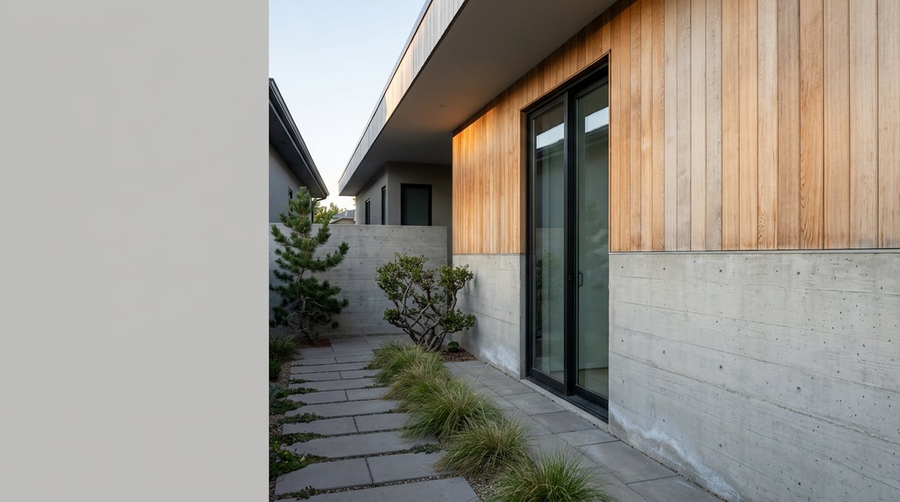 Narrow side yard with cedar-clad homes, a concrete privacy wall, paver path, and sculptural trees and grasses.