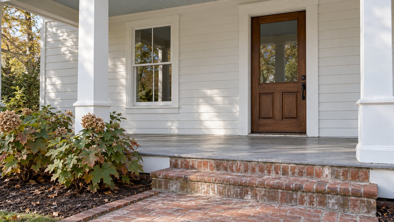 White timber porch with square columns, a glazed paneled front door, worn brick steps, and oakleaf hydrangeas.