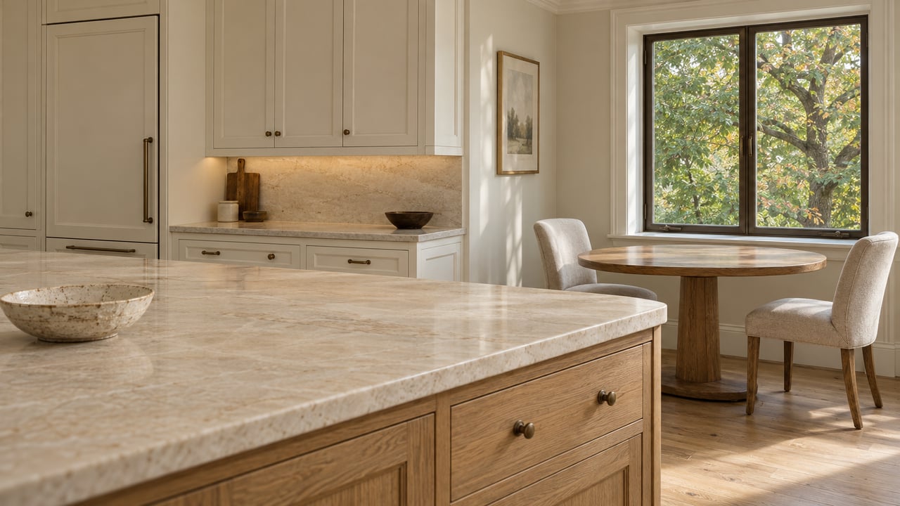 Honed ivory stone and pale oak kitchen island in a bright enclosed kitchen, with an oak breakfast table beside a window overlooking an oak canopy.