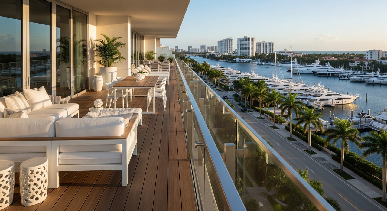 Modern apartment balcony overlooking a marina, with white lounge furniture, palm trees, and docked yachts.