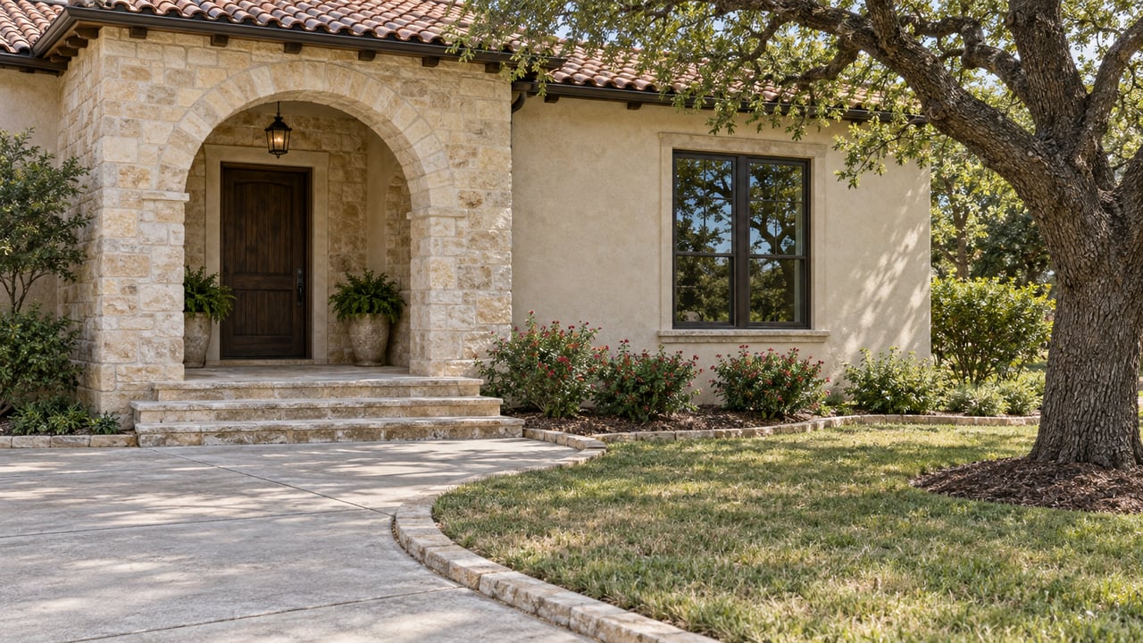 Stone-and-stucco home with a recessed arched entry, terracotta roof, curved concrete approach, and mature oak beside a broad lawn.