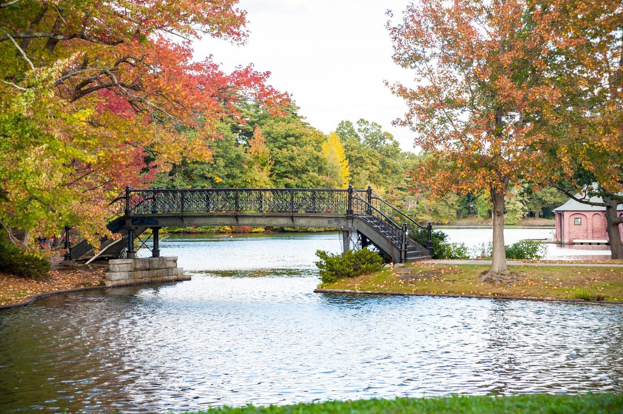 Pedestrian bridge over a pond beneath colorful autumn trees, with a small pink building on the shore.