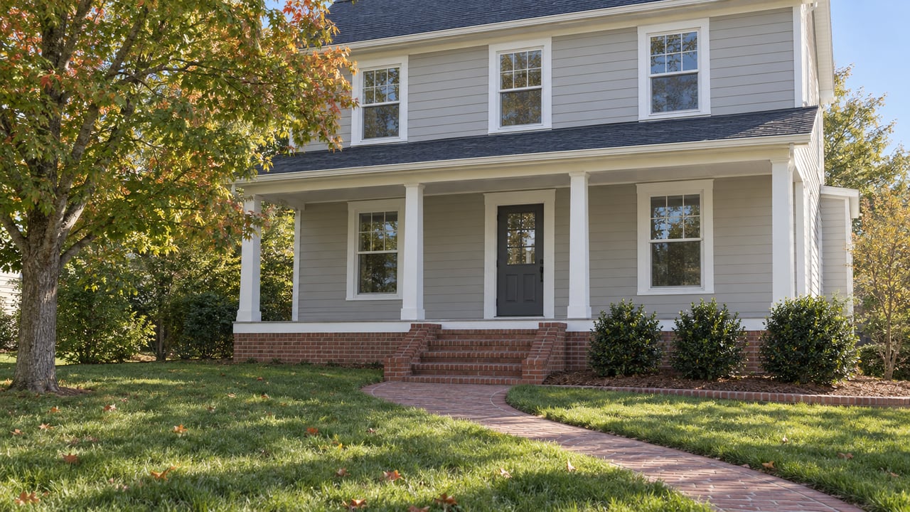 Traditional light-gray house with a covered porch, brick steps and a curved brick walk across a deep lawn beside a mature maple.