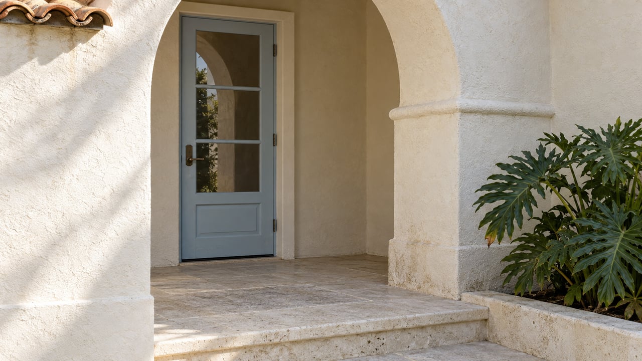 Ivory stucco arch around a recessed pale blue glazed door, with worn limestone steps and a sculptural divided-leaf plant.