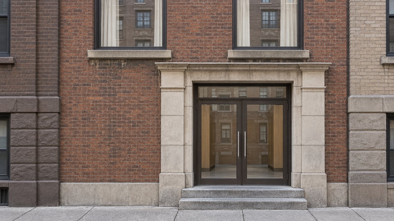 Reddish-brown brick residential facade with limestone trim, bronze-framed glass entrance doors and worn granite steps.