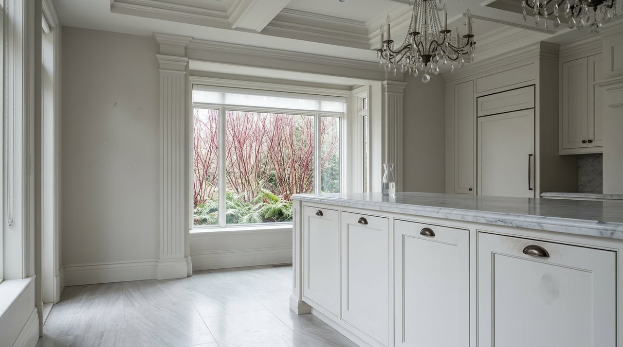 Custom kitchen with a veined marble island, white inset cabinets, coffered ceiling, crystal chandelier, and window framed by bare dogwood stems.