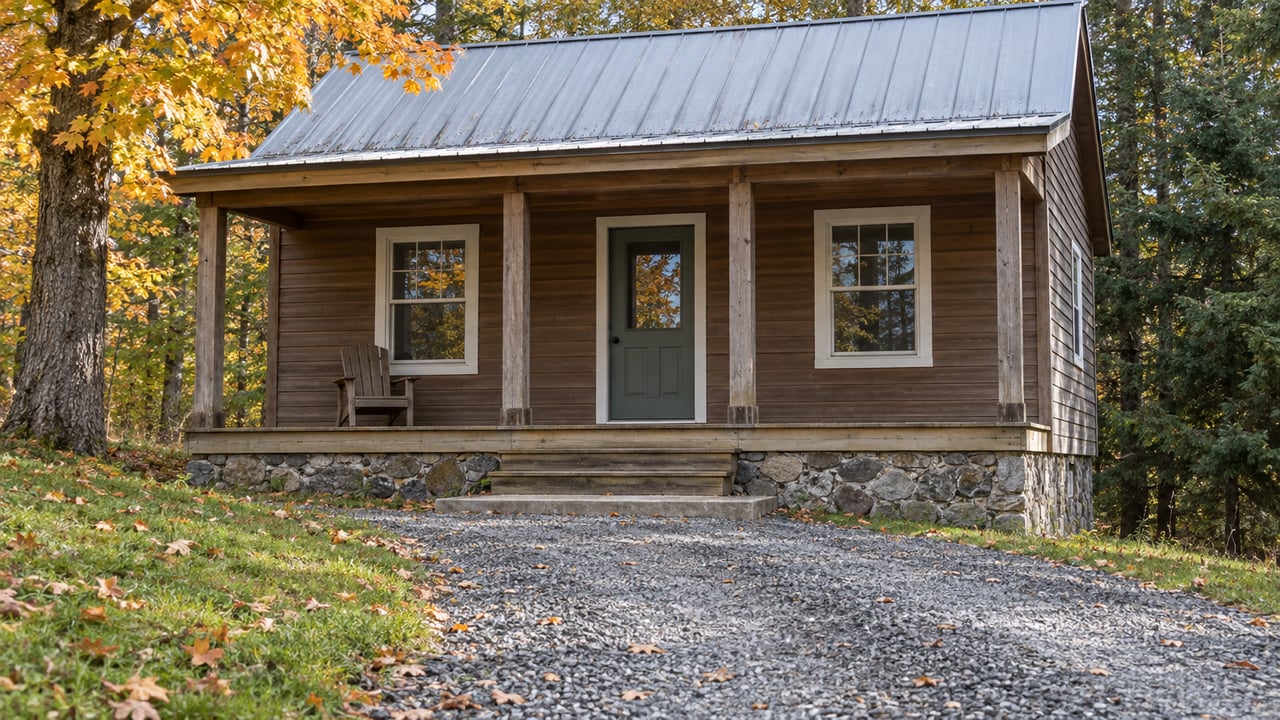Weathered wood cottage with a metal gable roof and raised porch beside an autumn sugar maple and eastern hemlocks, viewed across a gravel approach.