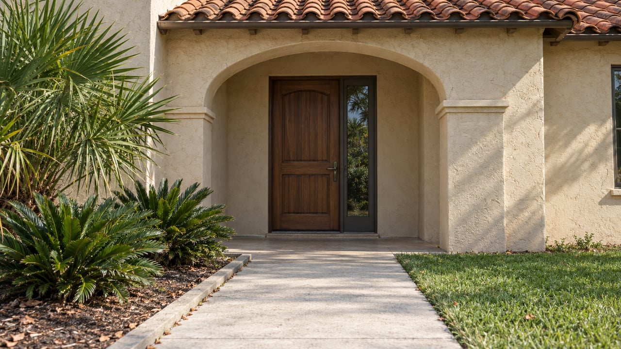 Stucco house entry with an arched porch, closed wood door, terracotta roof tiles, and concrete walkway.
