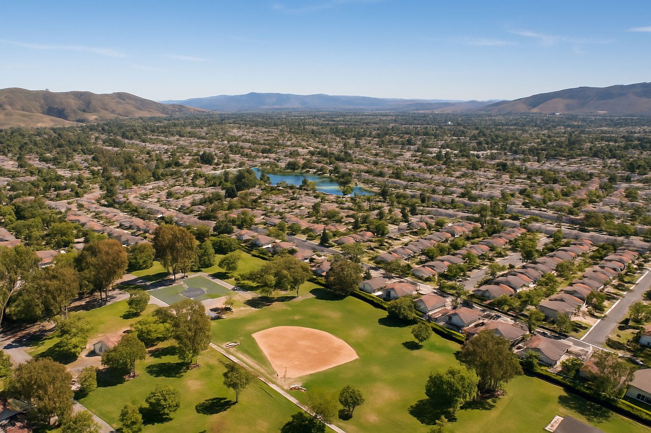 Aerial view of Lake Forest, CA—tile-roof homes, parks and lakes with Saddleback Mountain in the background.