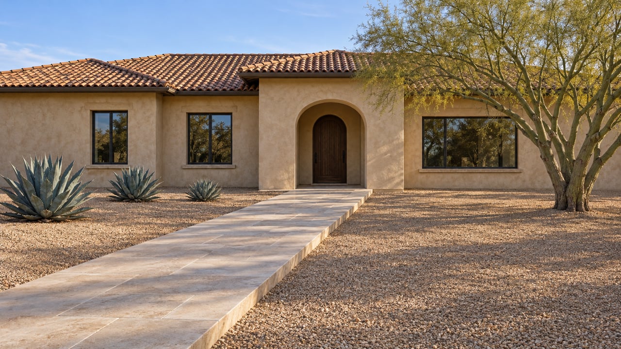 Low stucco home with a terracotta roof, bronze-framed windows and a limestone approach through a gravel garden with a branching palo verde and three agaves.