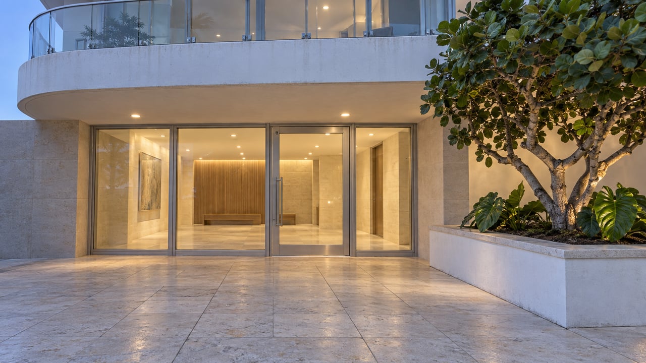 A rounded white condominium entrance at blue hour, with an enclosed glass lobby, limestone terrace and a sea grape tree in a raised planter.
