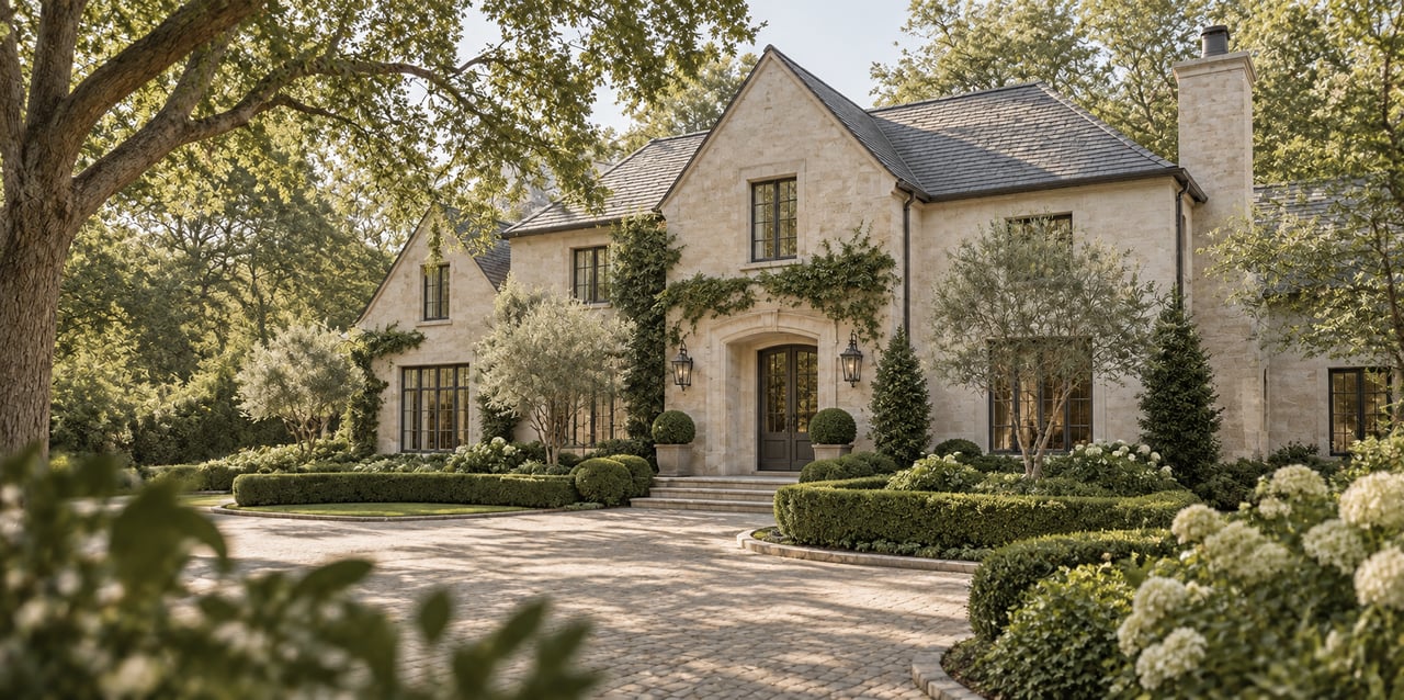 Stone house with a slate roof, ivy-covered facade, and landscaped driveway beneath mature trees.