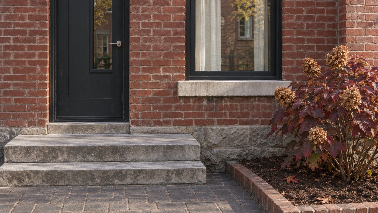 Red-brick urban home entry with a charcoal door, tall black-framed window, limestone steps and burgundy oakleaf hydrangea.